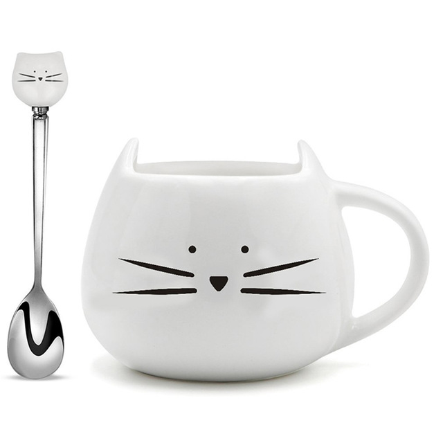 Caneca de Gatinho em Cerâmica + Colher Inox