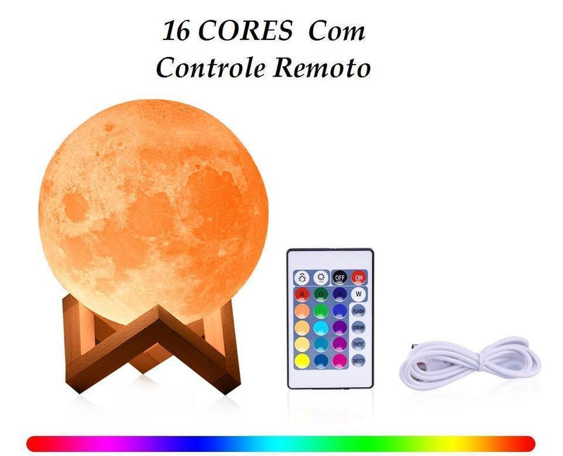 Luminária Lua USB 3D 16 Cores - Abajur Lua - Ajuste de Cores e Intensidade - Frete Gratis - My Store